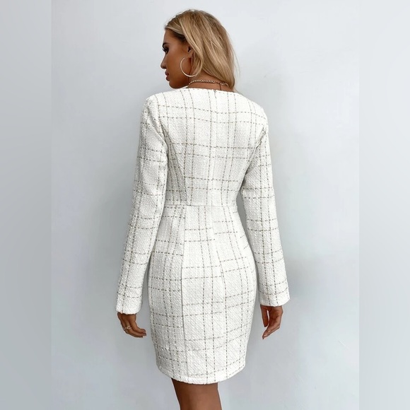 New  White Gold Tweed Dress Long Sleeve Ornamental Buttons Back Zip S - Picture 6 of 14